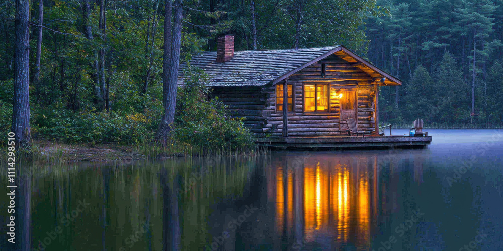 peaceful lakeside cabin at dawn, surrounded by trees and reflecting in water, creates serene atmosphere peaceful lakeside cabin at dawn, surrounded by trees and reflecting in water, creates serene atmosphere