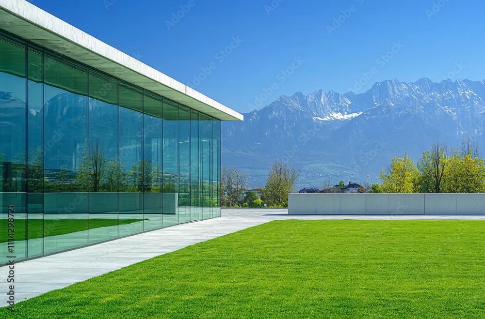 Obraz premium Modern villa with a green lawn and parking lot, set against a majestic mountain backdrop, blending contemporary architecture with nature for a luxurious and tranquil retreat.