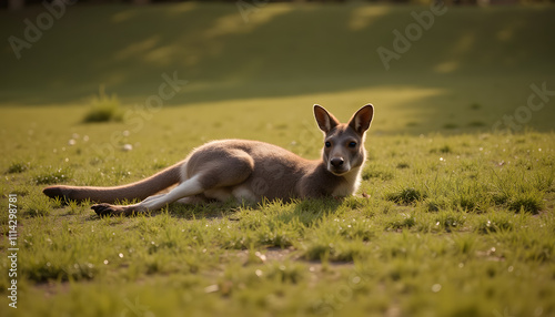 Peaceful Kangaroo Resting in Sun-Drenched Australian Grassland