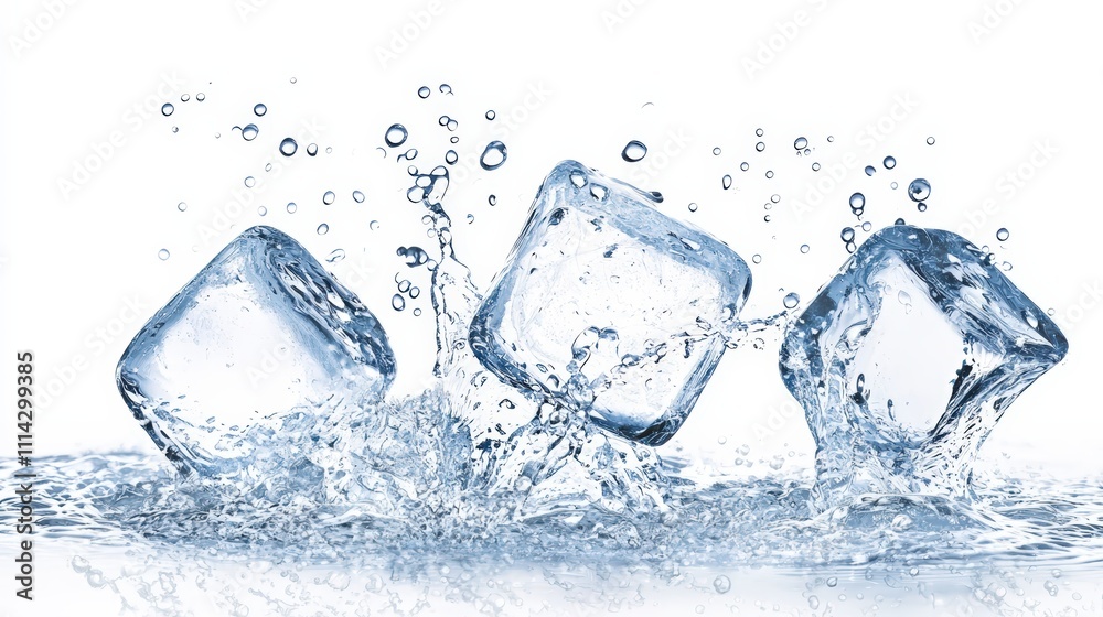 Obraz premium Three ice cubes splashing in clear water