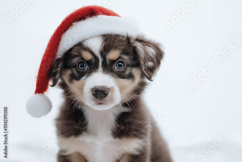 Cute Australian Shepherd puppy in a Christmas costume and Santa hat, isolated on a white background