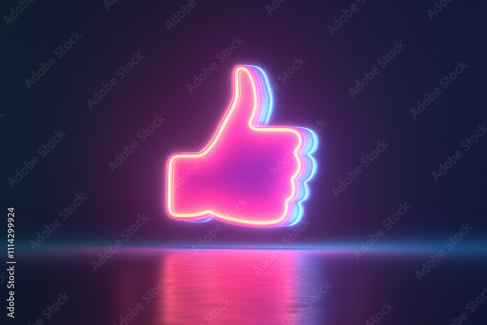 Vibrant Neon Thumbs-Up Sign on Reflective Surface