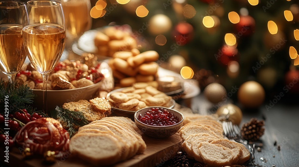 Festive Holiday Table Setting with Drinks and Assorted Treats Festive Holiday Table Setting with Drinks and Assorted Treats