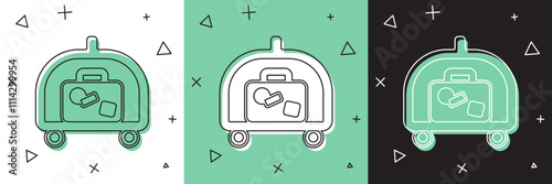 Set Hotel luggage cart with suitcase icon isolated on white and green, black background. Traveling baggage sign. Travel luggage icon. Vector