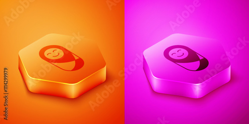 Isometric Newborn baby infant swaddled or swaddling icon isolated on orange and pink background. Baby kid child wrapped in blanket clothes. Hexagon button. Vector