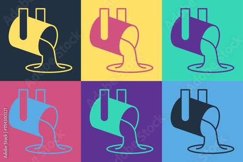 Pop art Molten gold being poured icon isolated on color background. Molten metal poured from ladle. Vector