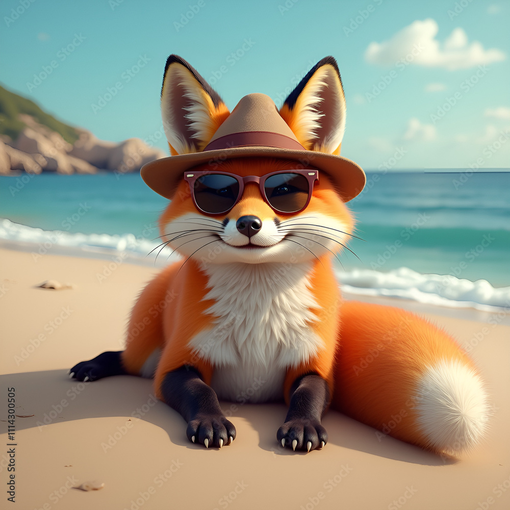 Fototapeta premium Red hipster fox wearing sunglasses and a hat sunbathing on the beach by the sea