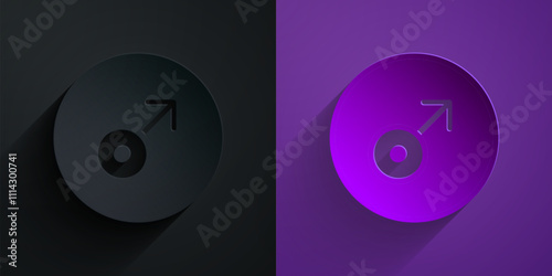 Paper cut Mars symbol icon isolated on black on purple background. Astrology, numerology, horoscope, astronomy. Paper art style. Vector