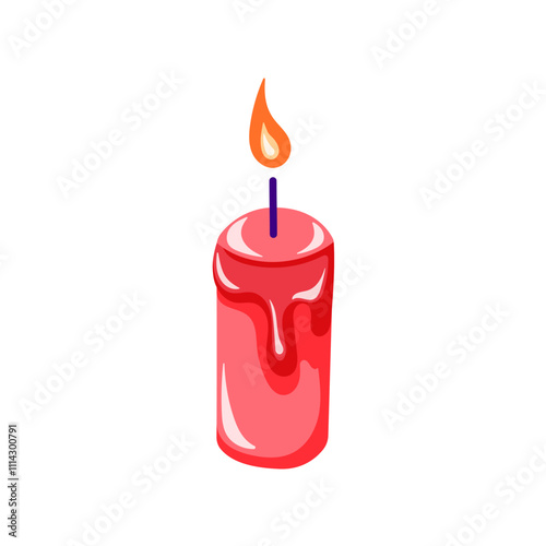 Decorative red candle with soft flame in cartoon. Design for Valentine day card. Isolated on white background.