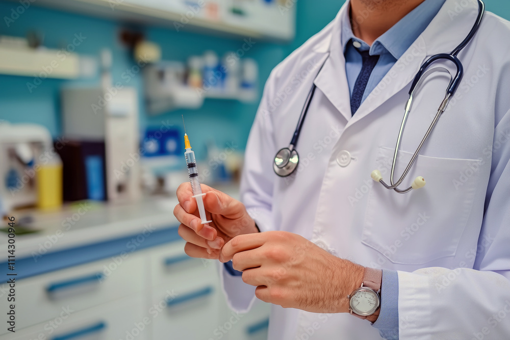 Doctor in a modern clinic holding a syringe, preparing to administer a vaccine to a patient, medical equipment visible in the background.
