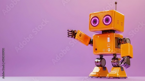 Funky Orange Robot with Excited LED Eyes Pointing to Top-Right Corner, Solid Light Purple Background, Perfect for Ads with Copy Space