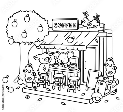 A little pig is chatting with a cute mouse who owns a coffee shop under an apple tree while sipping hot coffee on a relaxing day, coloring for kids, coloring book, coloring page, vector, illustration