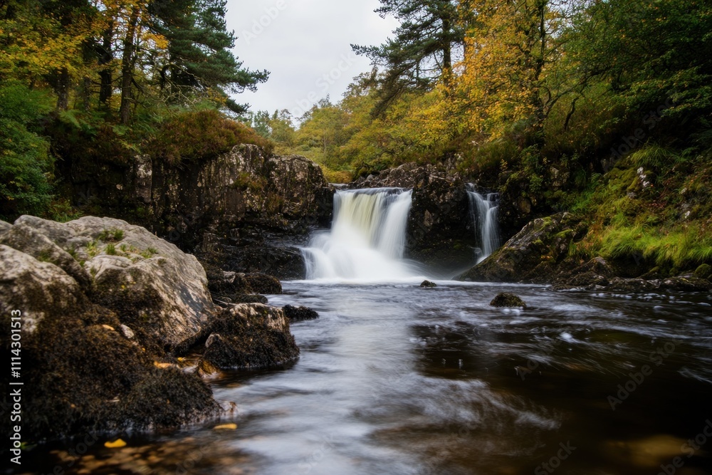 Serene Waterfall Cascading Through Autumnal Forest Serene Waterfall Cascading Through Autumnal Forest