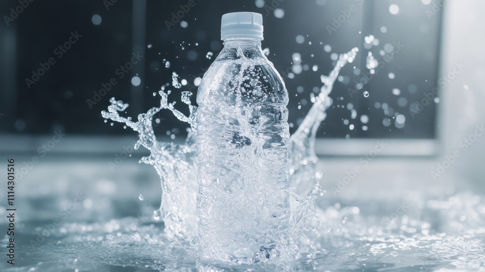 Refreshing Hydration: Crystal Clear Water Bottle Splashing into a Pool of Purity Refreshing Hydration: Crystal Clear Water Bottle Splashing into a Pool of Purity