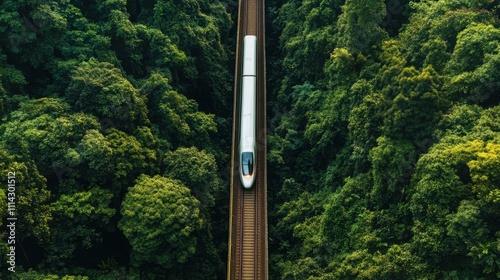 Aerial View of High-Speed Train Among Lush Forest