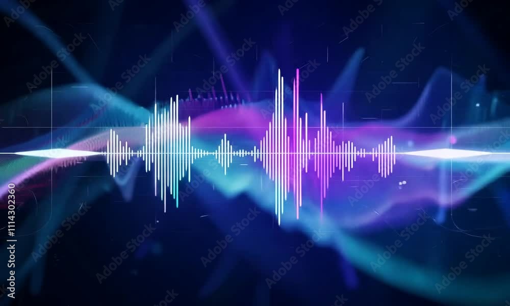 Abstract sound wave audio equalizer on a dark blue background.