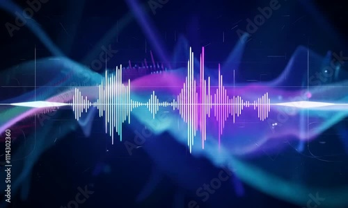 Abstract sound wave audio equalizer on a dark blue background.