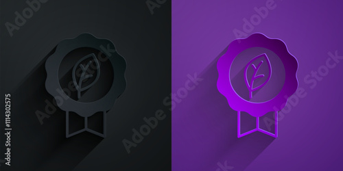 Paper cut Leaf Eco symbol icon isolated on black on purple background. Banner, label, tag, logo, sticker for eco green. Paper art style. Vector