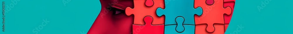Abstract puzzle pieces in red and teal on a turquoise background. Abstract puzzle pieces in red and teal on a turquoise background.