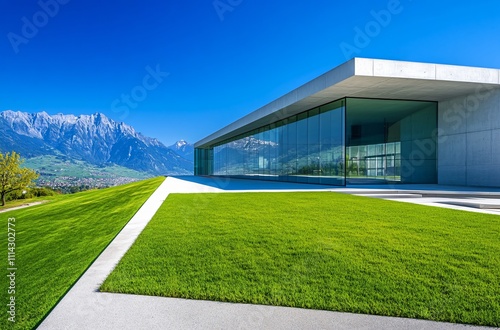 Modern villa with a green lawn and parking lot, set against a majestic mountain backdrop, blending contemporary architecture with nature for a luxurious and tranquil retreat.