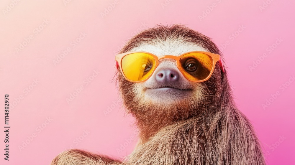 Happy Sloth Wearing Sunglasses Posing Against Pink Background Happy Sloth Wearing Sunglasses Posing Against Pink Background