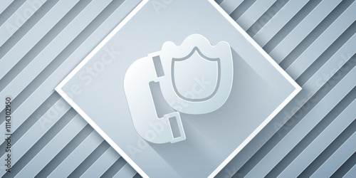 Paper cut Telephone handset with security shield icon isolated on grey background. Phone sign. Paper art style. Vector