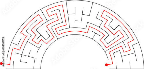 Maze inside the shape of rainbow. Beautiful red, yellow, blue, green and purple labirinth with entrance and exit. Solution included. Nice game for children