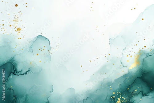 Pastel cyan mint watercolor background with gold lines and stains. Abstract liquid marble turquoise alcohol ink texture for wedding invitation, gretting card, banner, flyer.  photo