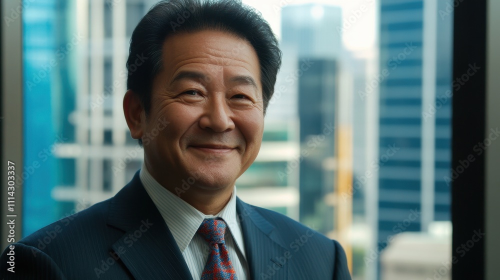 Japanese man in business uniform smiling confidently, standing tall in office with professional expression, strong posture, modern city backdrop Japanese man in business uniform smiling confidently, standing tall in office with professional expression, strong posture, modern city backdrop