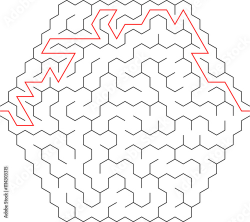 Hexagonal vector labyrinth with solution. Children logic game for brain training isolated on white background. Preschool difficulty level. Puzzle for little age kids