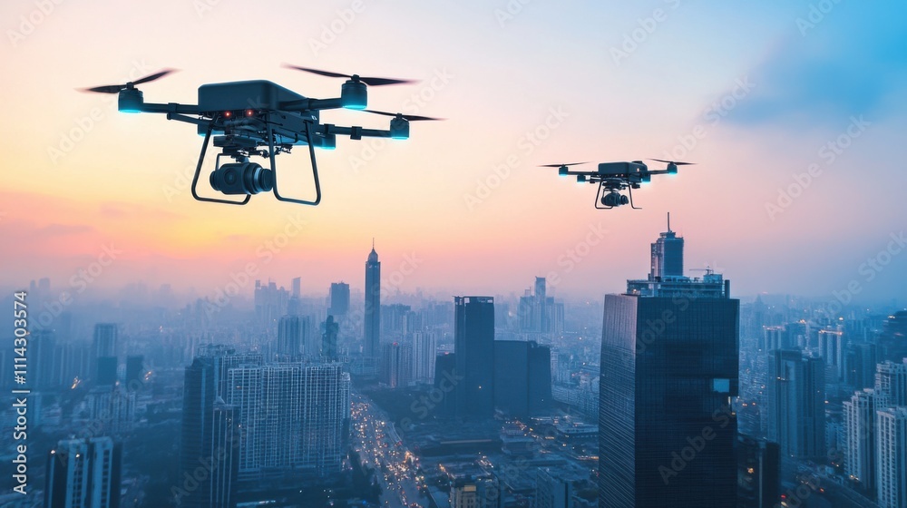 Drones flying over a city skyline during sunset showcasing urban exploration and technology in action Drones flying over a city skyline during sunset showcasing urban exploration and technology in action
