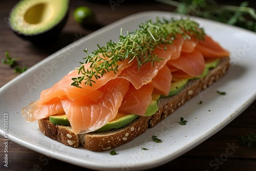 A rustic tartine on toasted sourdough, topped with creamy avocado, thinly sliced smoked salmon, fresh microgreens, capers, and a drizzle of olive oil. Garnished with lemon zest for added freshness.