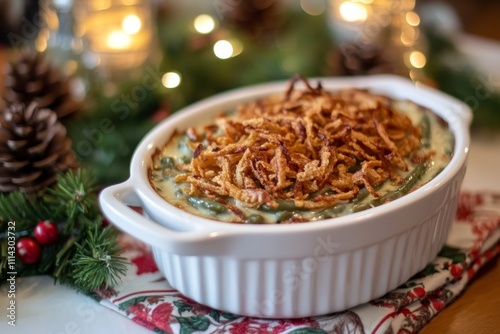 Green bean casserole, crispy fried onions, white ceramic dish, holiday table, colorful napkin, pinecones, berries, festive decor photo