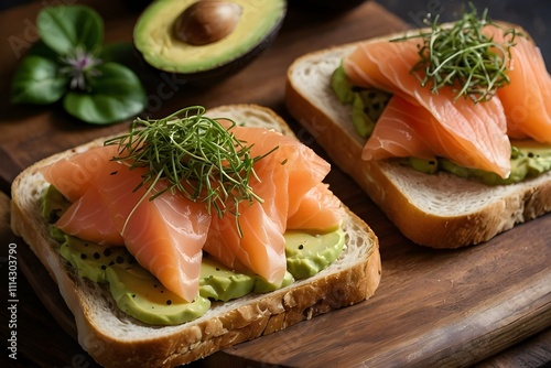 A rustic tartine on toasted sourdough, topped with creamy avocado, thinly sliced smoked salmon, fresh microgreens, capers, and a drizzle of olive oil. Garnished with lemon zest for added freshness. photo