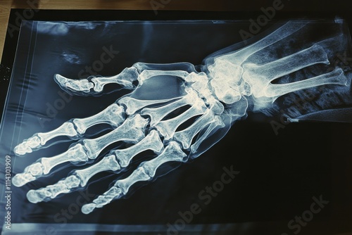 Detailed X-ray Image of a Human Hand Highlighting Bone Structure, Joint Connections, and Anatomical Features for Medical Education and Analysis photo