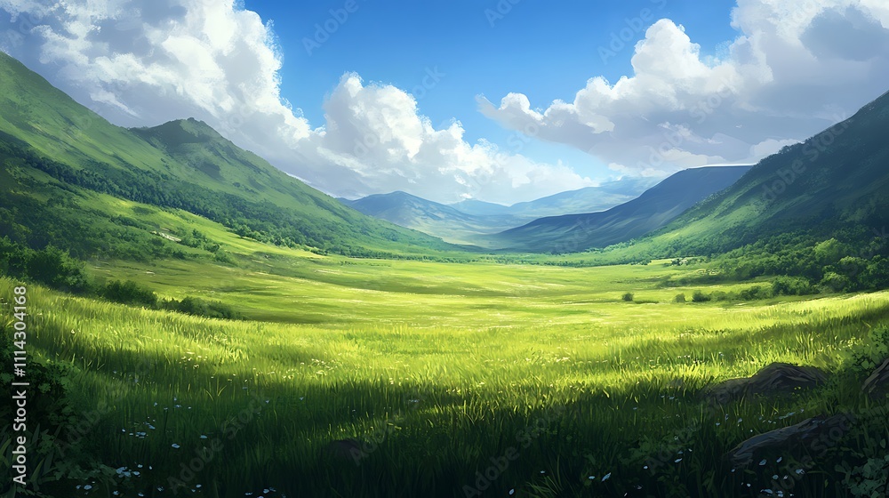 Fototapeta premium Serene Valley Landscape Under a Summer Sky