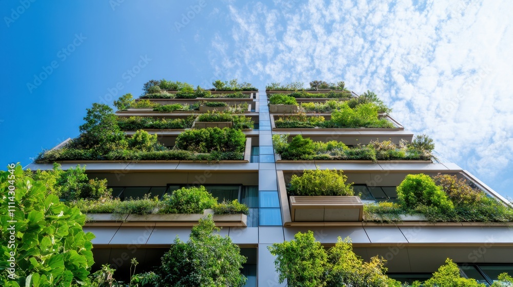 Vertical garden on modern building showcases innovative urban landscaping under a blue sky
