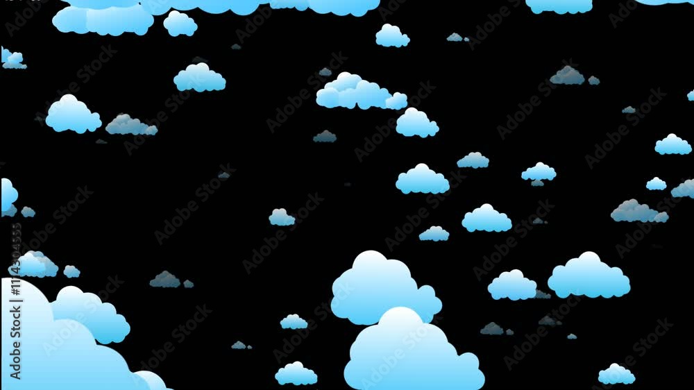 Cartoon Clouds Moving Towards Viewer on Blue Transparent Background Loop