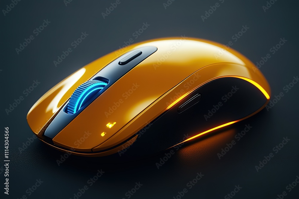 Yellow computer mouse with a glowing blue button Yellow computer mouse with a glowing blue button