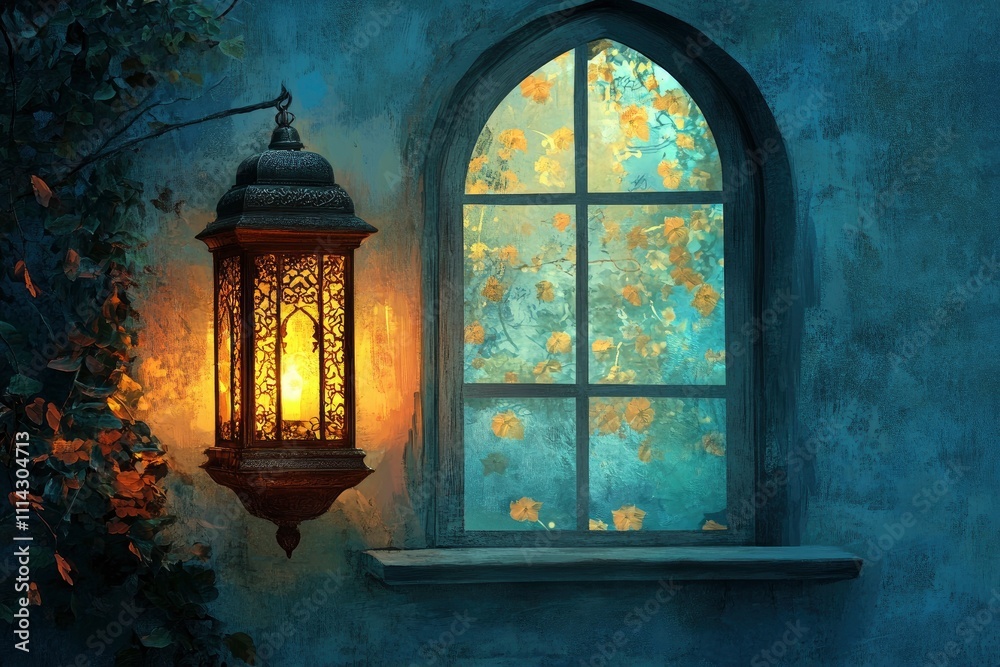 Ramadan lantern by the open window. Beautiful Greeting Card with copy space for Ramadan and Muslim Holidays. An illuminated Arabic lamp. Mixed media. Ramadan lantern by the open window. Beautiful Greeting Card with copy space for Ramadan and Muslim Holidays. An illuminated Arabic lamp. Mixed media.