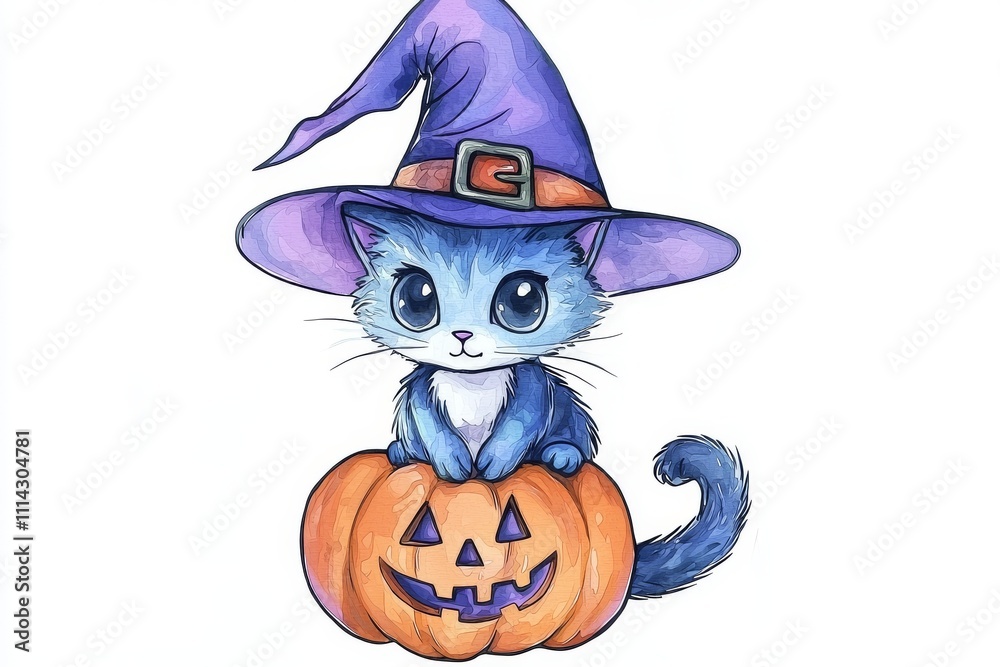 A watercolor cartoon of a Halloween kitten in a witch hat perched on a spooky pumpkin jack-o-lantern. Perfect for greeting cards, banners, and posters. A watercolor cartoon of a Halloween kitten in a witch hat perched on a spooky pumpkin jack-o-lantern. Perfect for greeting cards, banners, and posters.