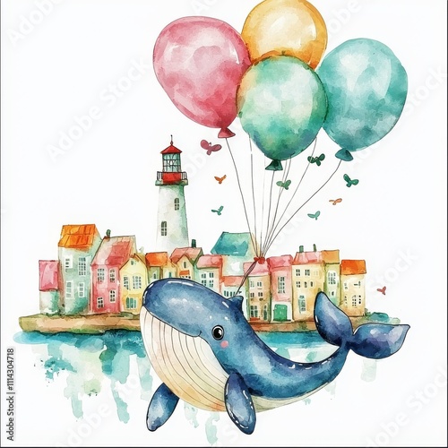 Watercolor baby clip art featuring flying whales, lighthouses, and hot air balloons. Children's stock illustration. photo