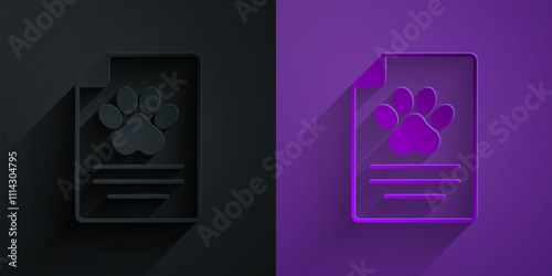 Paper cut Clipboard with medical clinical record pet icon isolated on black on purple background. Health insurance form. Medical check marks report. Paper art style. Vector