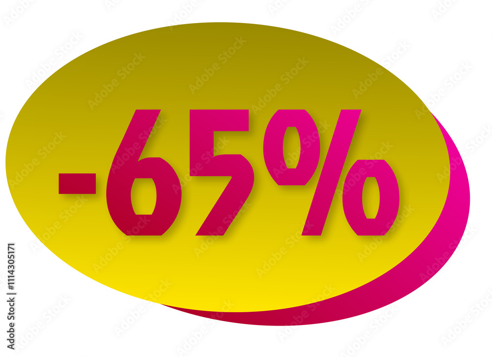Promotion label, 65% off, yellow and pink. Promotion label, 65% off, yellow and pink.