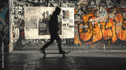 Skateboarder silhouette gliding past graffiti covered wall, showcasing urban art and culture. dynamic movement captures essence of street life