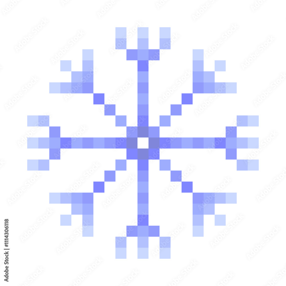 Blue snowflake pixel art isolated on a white background. Vector 8 bit illustration.