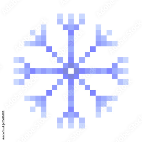 Blue snowflake pixel art isolated on a white background. Vector 8 bit illustration.