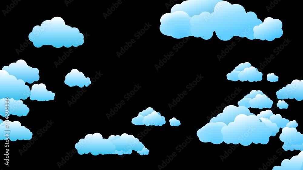 Cartoon Clouds Moving Sideways on Blue Transparent Background Loop
