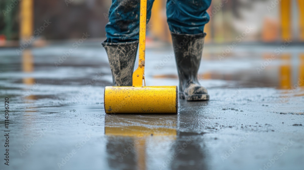 Worker Using Yellow Paint Roller on Freshly Laid Concrete Surface Worker Using Yellow Paint Roller on Freshly Laid Concrete Surface