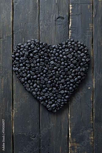 Coffee beans arranged in a heart shape, set against an organic coffee concept background, viewed from above. Top view, flat lay backdrop with space for text.